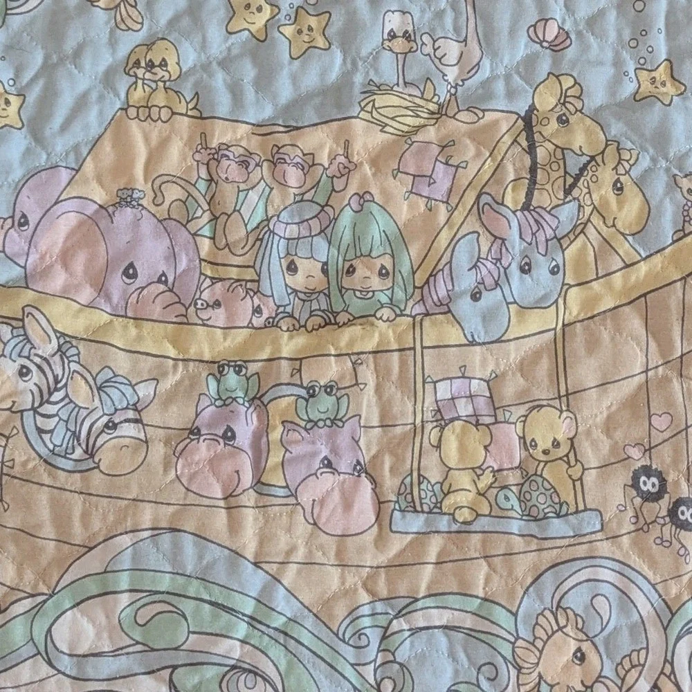 Vintage Precious Moments Noahs Ark Baby Quilt Pastel Blue Ruffled Blanket 46x35